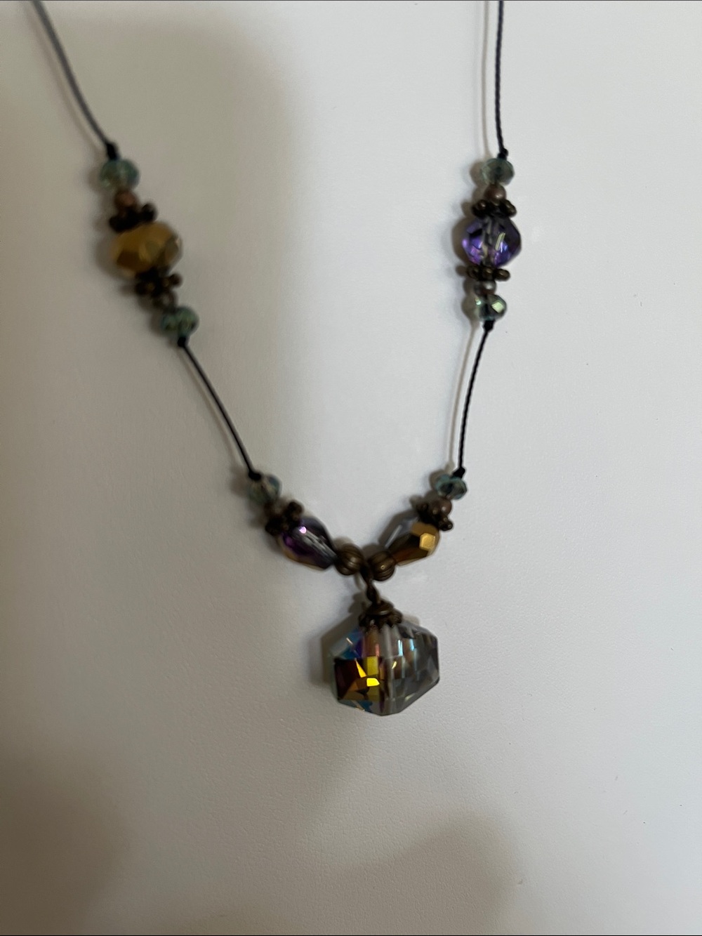 Crystal Beaded Glass Pendant Necklace - Blue and Purple with antique beads.